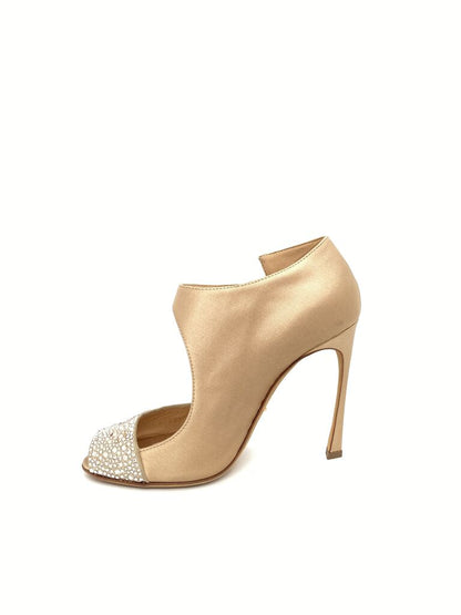 Gold Satin Peep-Toe Heels with Crystal Embellishment