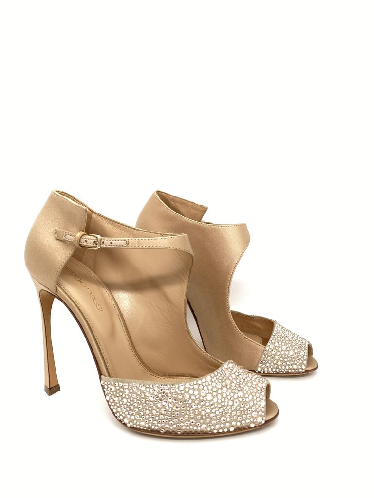 Gold Satin Peep-Toe Heels with Crystal Embellishment