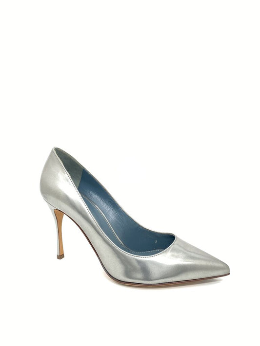 Silver Glossy Heeled Pump with Pointed Toe