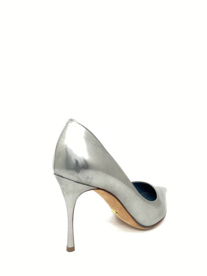 Silver Glossy Heeled Pump with Pointed Toe