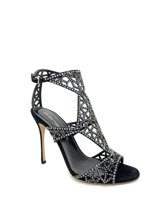 Black Strappy High Heel Sandals with Rhinestone Accents