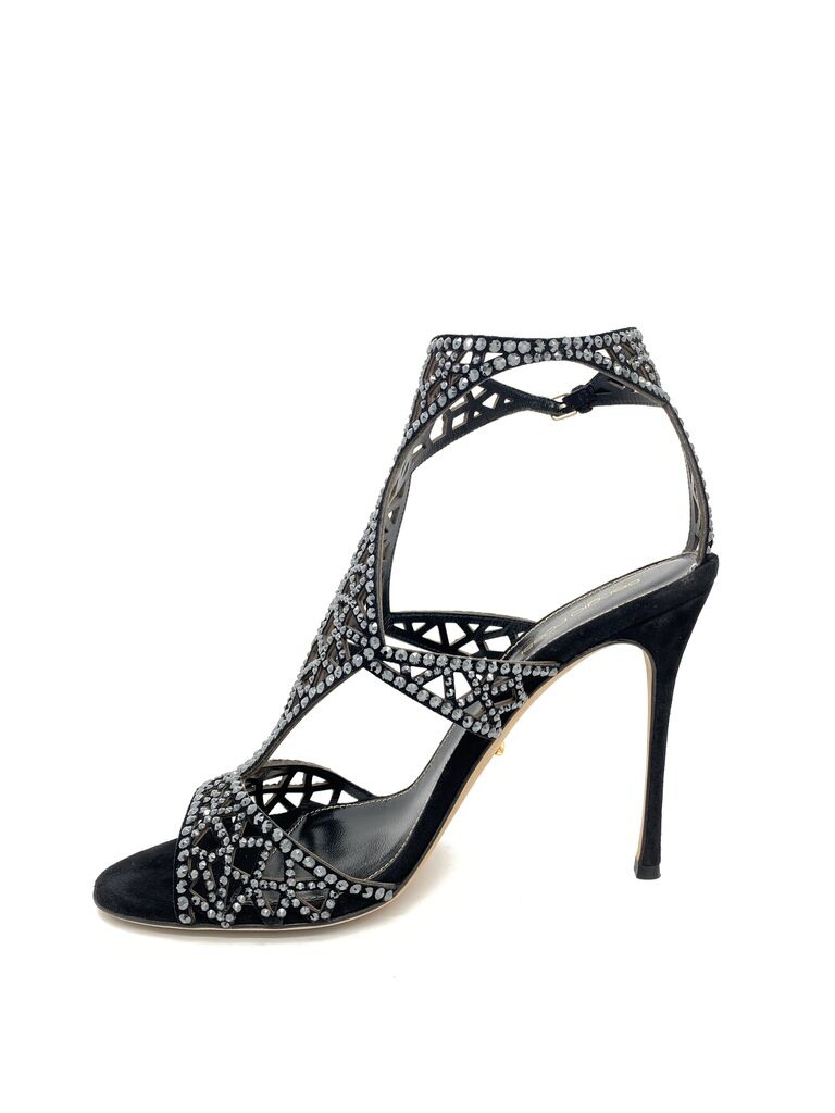 Black Strappy High Heel Sandals with Rhinestone Accents