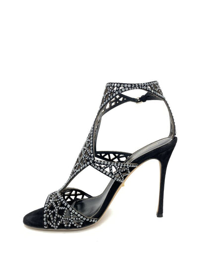 Black Strappy High Heel Sandals with Rhinestone Accents