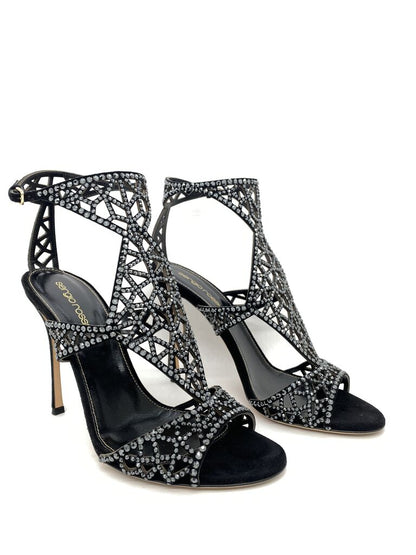 Black Strappy High Heel Sandals with Rhinestone Accents