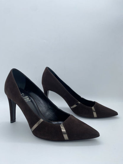 Chocolate Suede Pumps with Metallic Detail