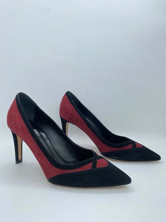 Red and Black Suede Pumps with Pointed Toe