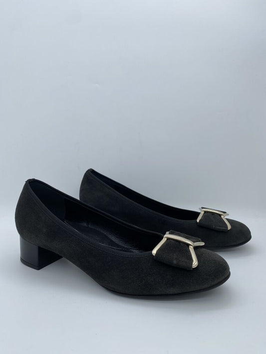 Black Suede Block Heel Loafers with Gold Buckle