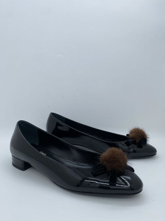 Black Patent Ballet Flats with Faux Fur Pom-Pom