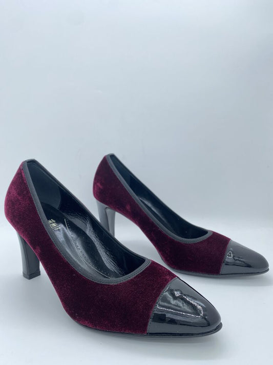 Burgundy Velvet Pumps with Patent Toe Cap