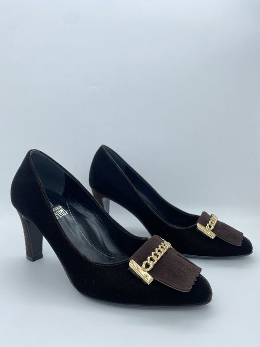 Black Velvet Heels with Gold Chain Detail