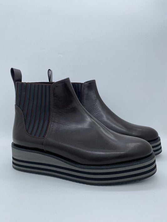 Brown Striped Leather Ankle Boots with Platform Sole