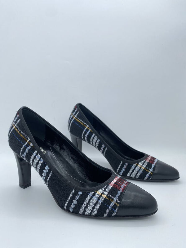 Black Plaid Block Heel Pumps with Leather Toe