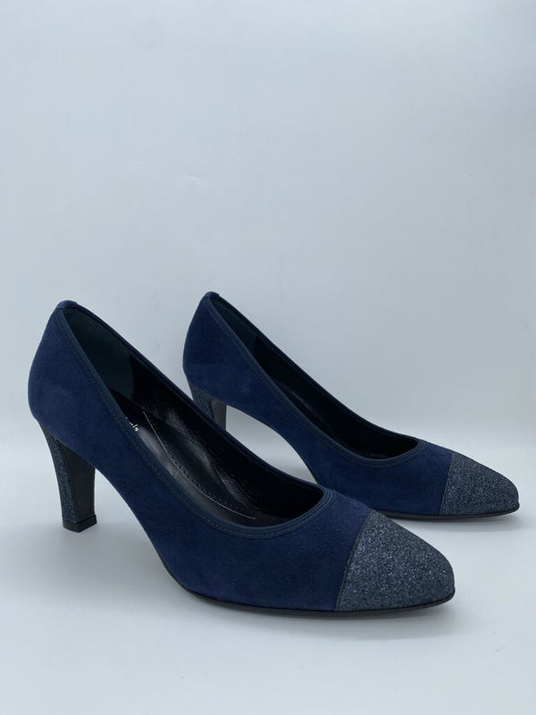 Navy Suede Heels with Glitter Toe Cap