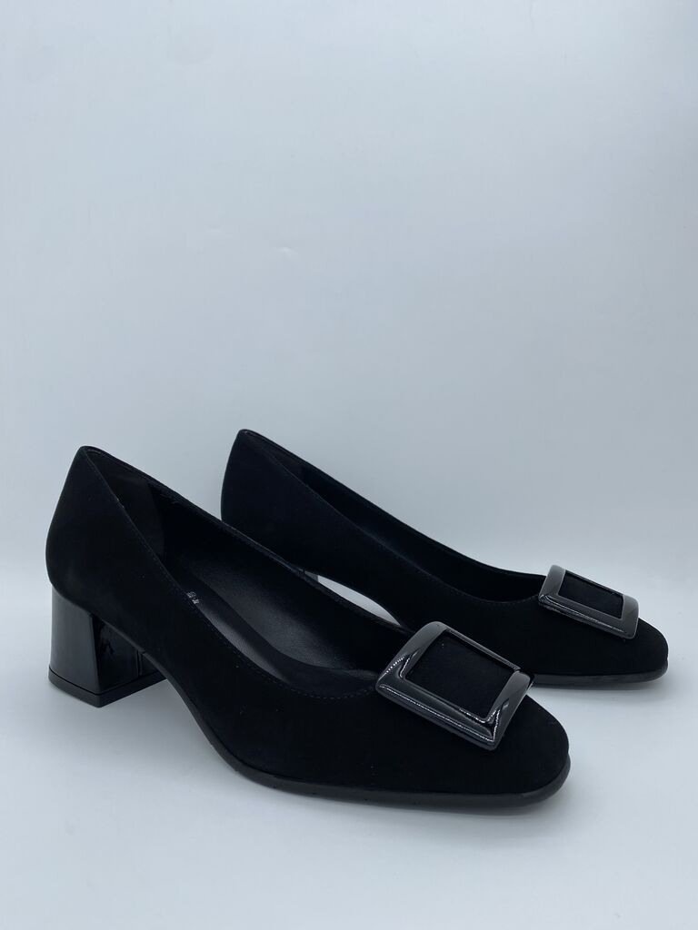 Black Textured Block Heel Pumps with Decorative Buckle