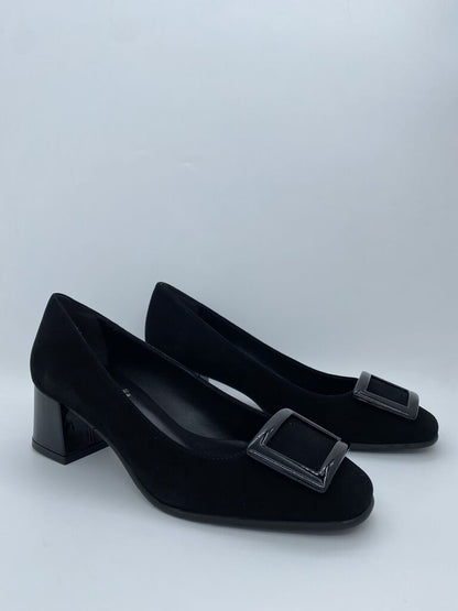Black Textured Block Heel Pumps with Decorative Buckle
