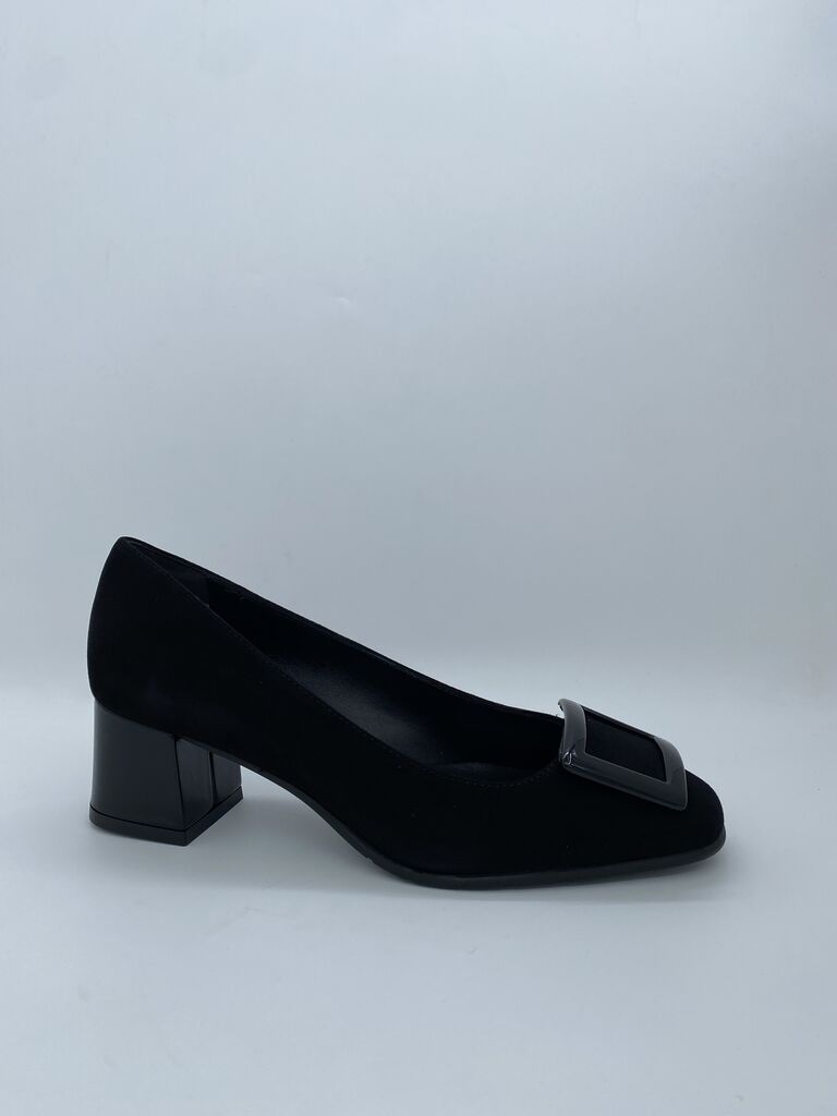 Black Textured Block Heel Pumps with Decorative Buckle