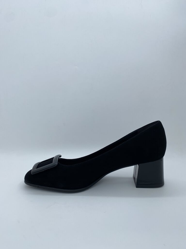 Black Textured Block Heel Pumps with Decorative Buckle