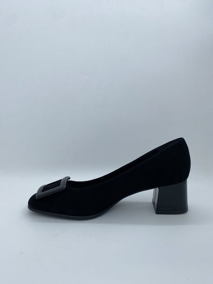 Black Textured Block Heel Pumps with Decorative Buckle