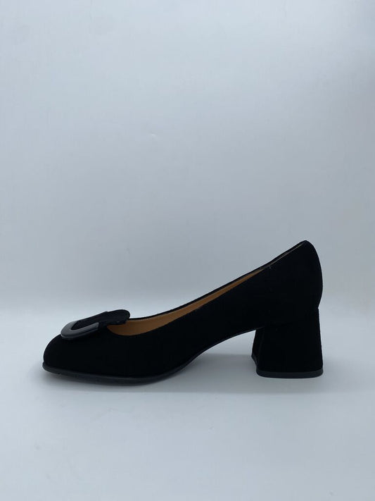 Black Suede Block Heel Pumps with Buckle Detail