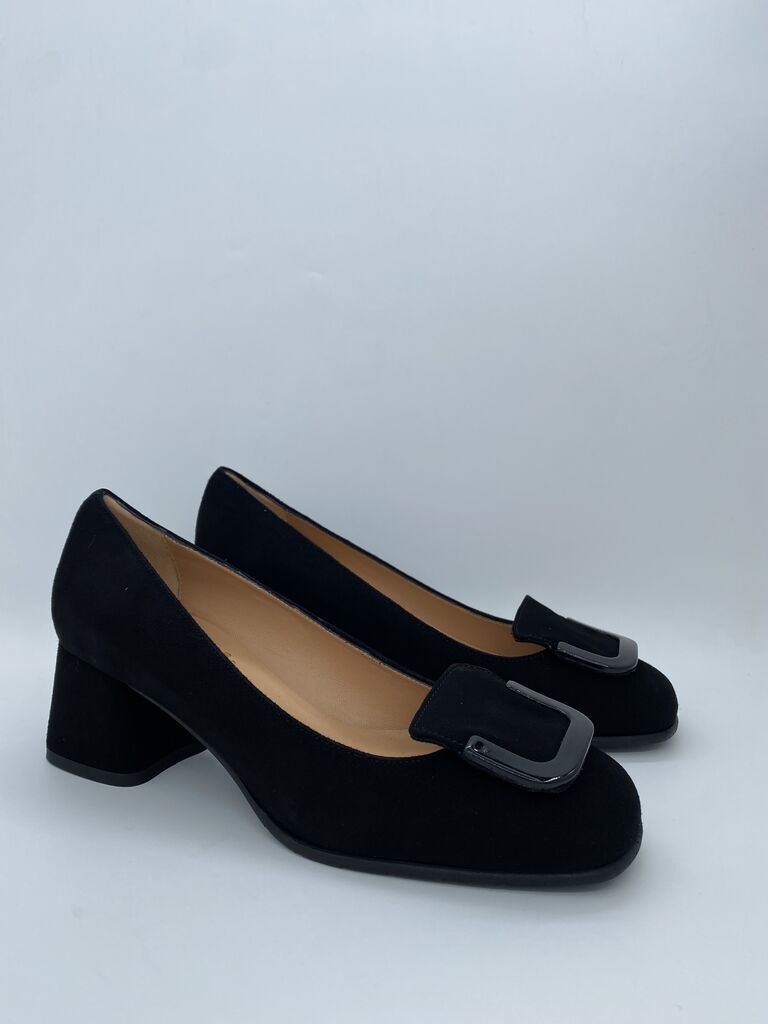 Black Suede Block Heel Pumps with Buckle Detail