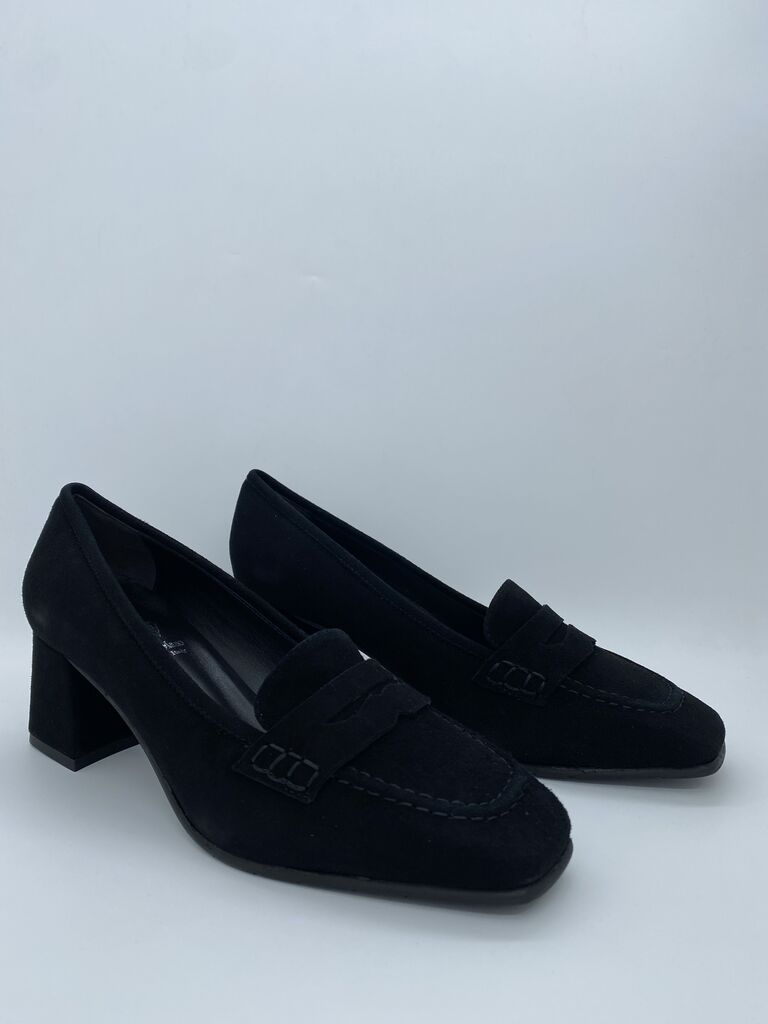 Black Suede Block Heel Loafers with Penny Detail