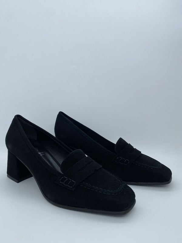 Black Suede Block Heel Loafers with Penny Detail