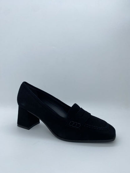 Black Suede Block Heel Loafers with Penny Detail