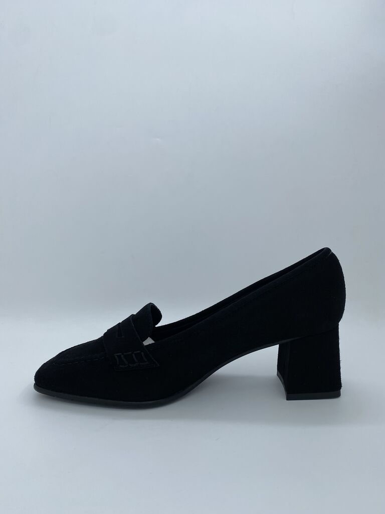 Black Suede Block Heel Loafers with Penny Detail