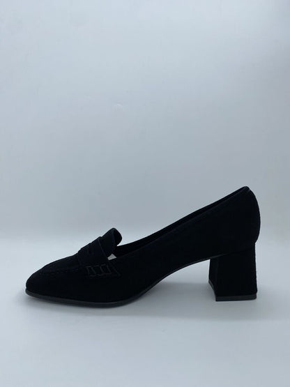 Black Suede Block Heel Loafers with Penny Detail