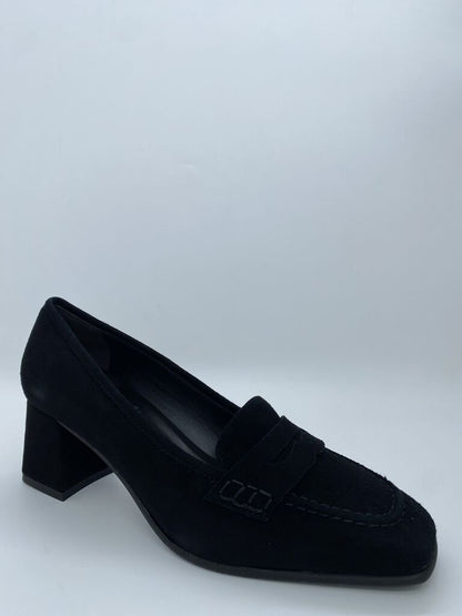 Black Suede Block Heel Loafers with Penny Detail