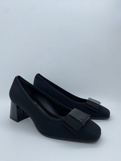 Black Bow-Embellished Block Heel Pumps