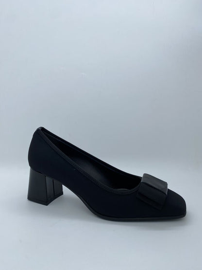 Black Bow-Embellished Block Heel Pumps