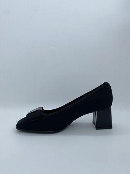 Black Bow-Embellished Block Heel Pumps