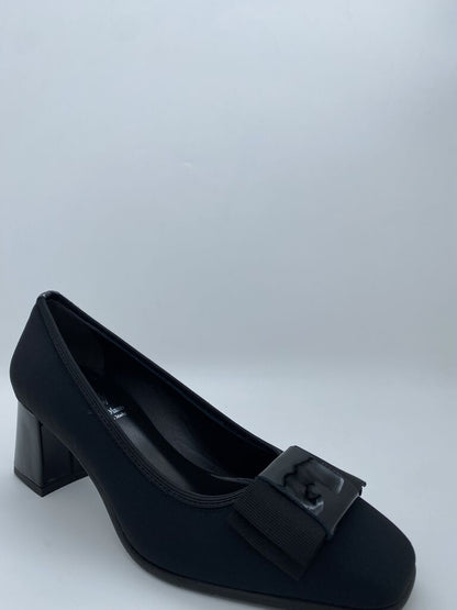 Black Bow-Embellished Block Heel Pumps