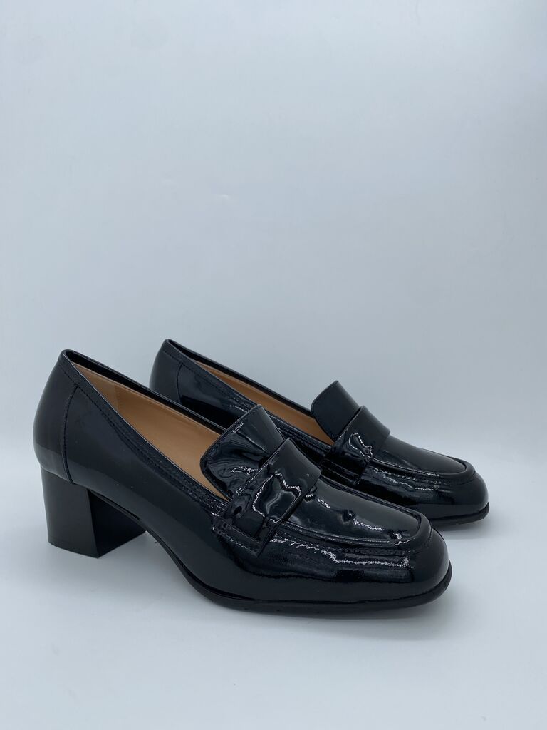 Black Patent Loafers with Block Heel