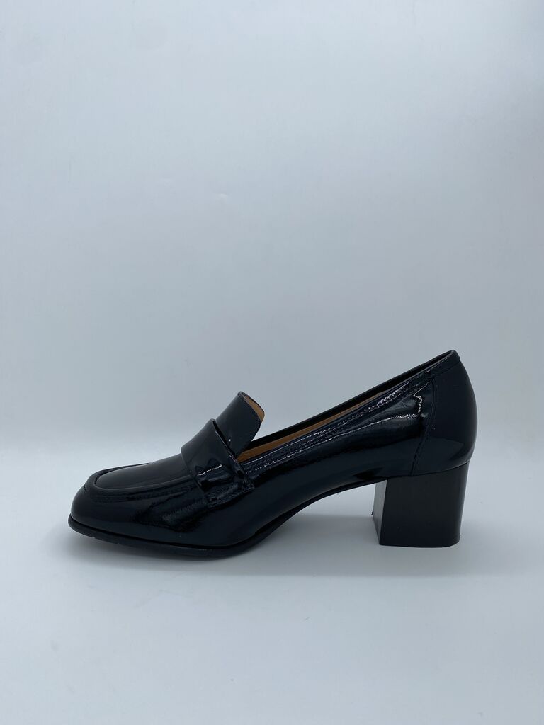Black Patent Loafers with Block Heel