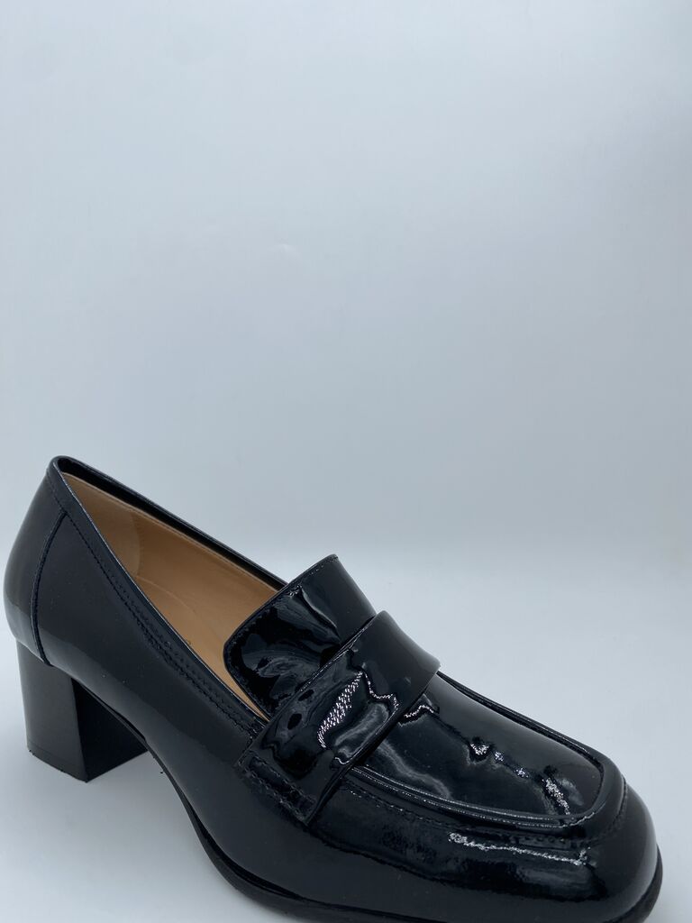 Black Patent Loafers with Block Heel