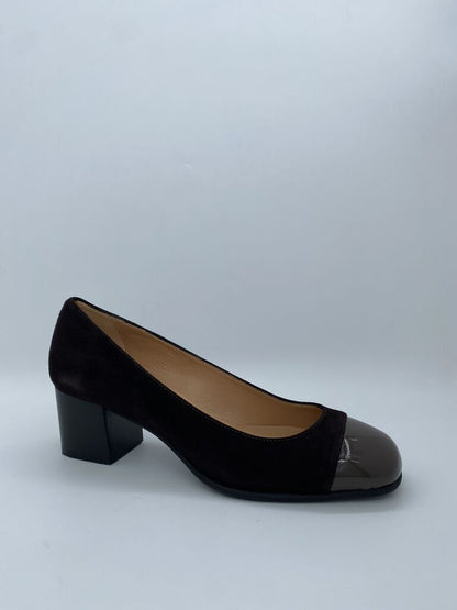 Black Suede Block Heel Pumps with Patent Toe