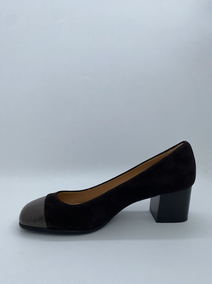 Black Suede Block Heel Pumps with Patent Toe