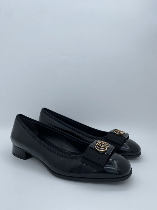 Black Patent Low Heel Flats with Bow Detail