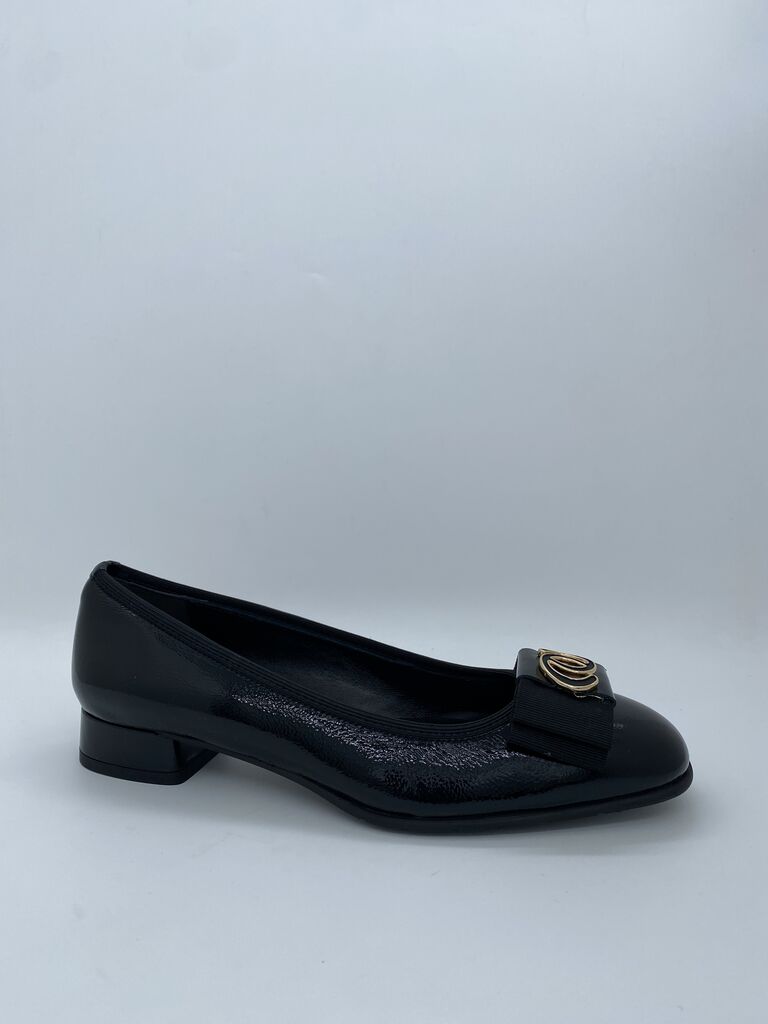 Black Patent Low Heel Flats with Bow Detail