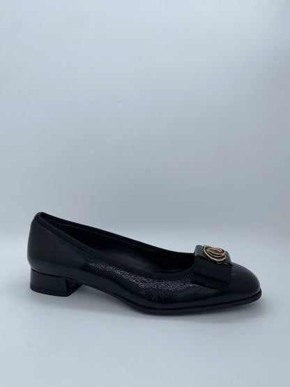 Black Patent Low Heel Flats with Bow Detail