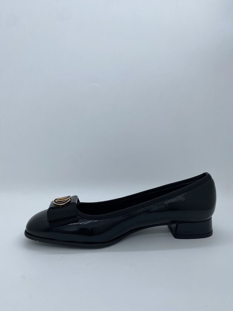 Black Patent Low Heel Flats with Bow Detail