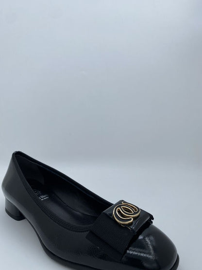 Black Patent Low Heel Flats with Bow Detail