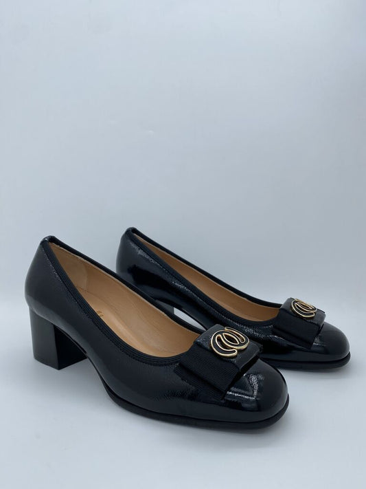 Black Patent Leather Block Heel Pumps with Bow Detail