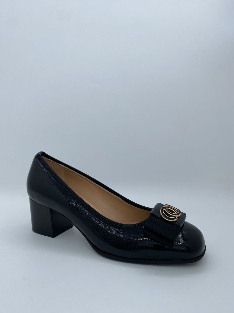 Black Patent Leather Block Heel Pumps with Bow Detail