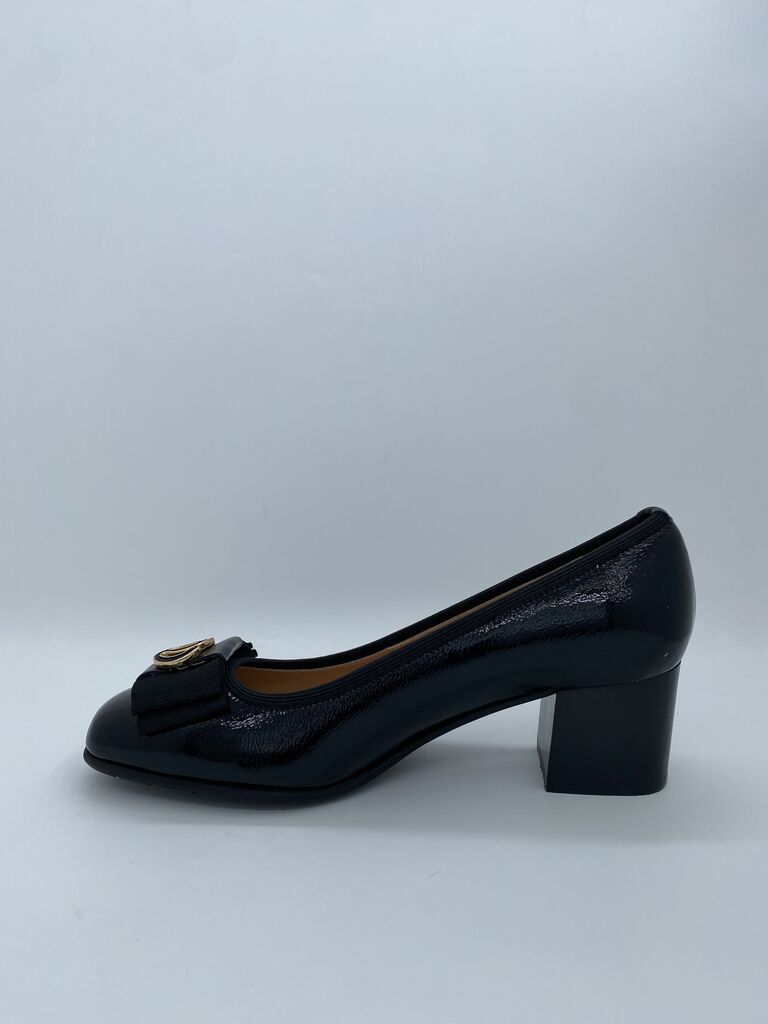 Black Patent Leather Block Heel Pumps with Bow Detail