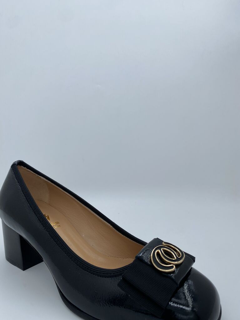 Black Patent Leather Block Heel Pumps with Bow Detail