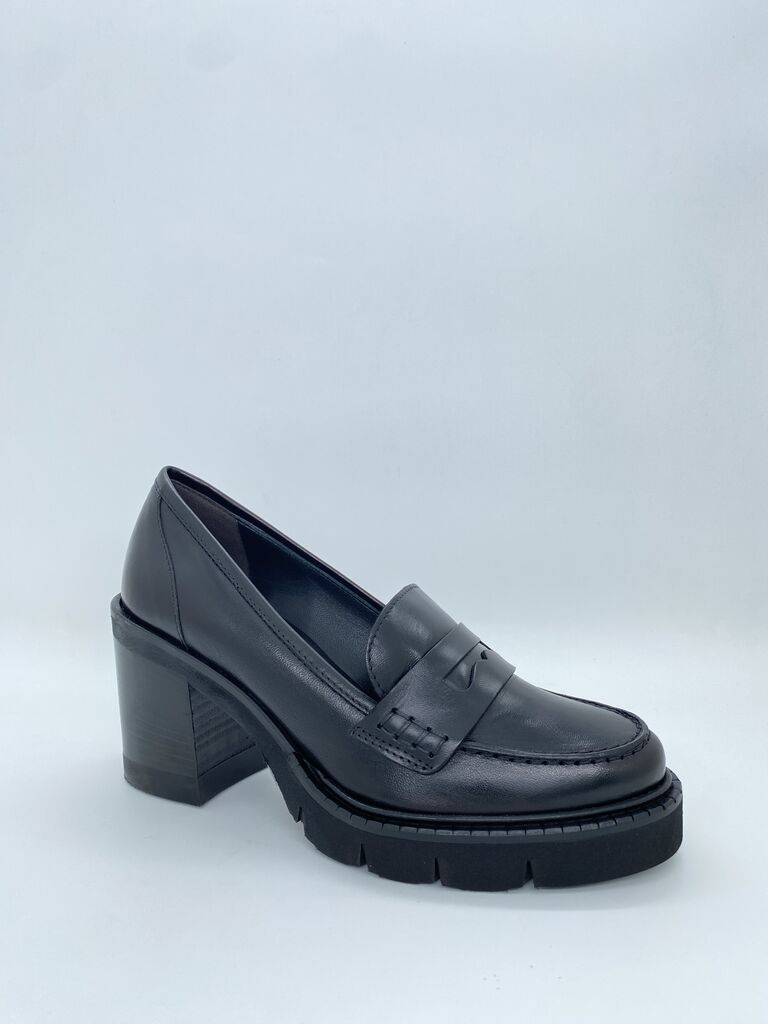 Black Leather Loafer with Chunky Heel