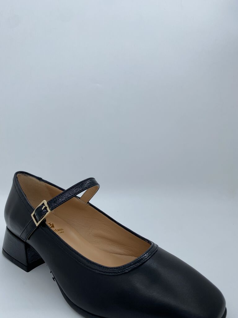 Black Leather Mary Jane Shoes with Block Heel